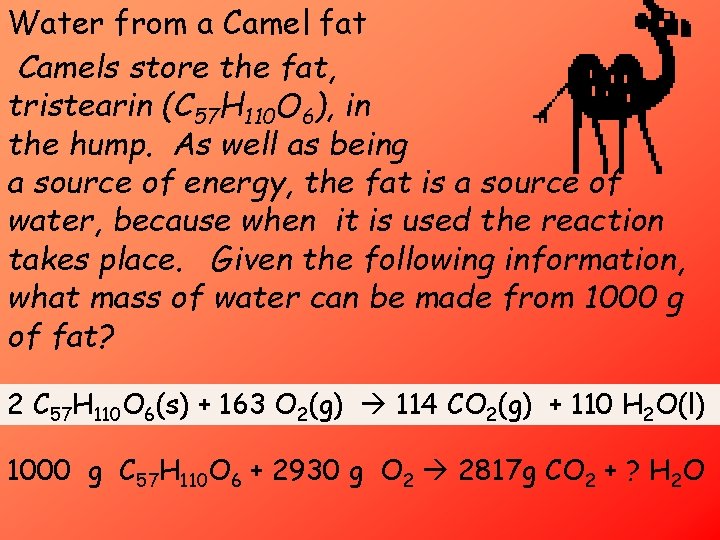Water from a Camel fat Camels store the fat, tristearin (C 57 H 110