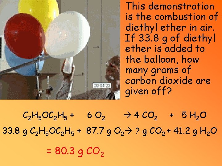 This demonstration is the combustion of diethyl ether in air. If 33. 8 g