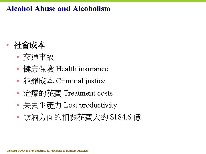 Alcohol Abuse and Alcoholism • 社會成本 • 交通事故 • 健康保險 Health insurance • 犯罪成本