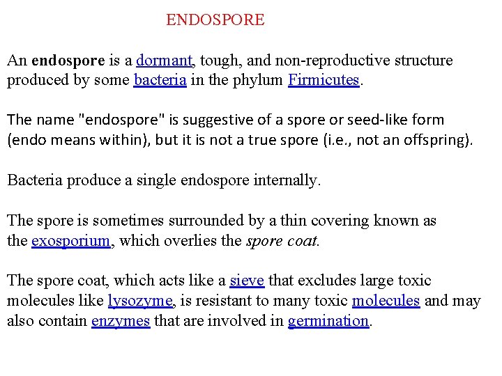 ENDOSPORE An endospore is a dormant, tough, and non-reproductive structure produced by some bacteria