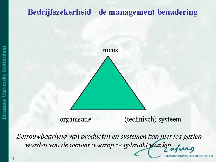 Bedrijfszekerheid - de management benadering mens organisatie (technisch) systeem Betrouwbaarheid van producten en systemen