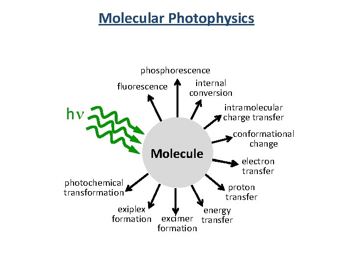 Molecular Photophysics phosphorescence internal fluorescence conversion intramolecular charge transfer hn Molecule photochemical transformation conformational