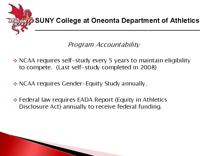 SUNY College at Oneonta Department of Athletics _____________________________ Program Accountability v NCAA requires self-study
