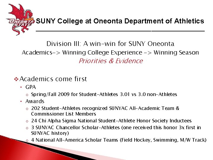 SUNY College at Oneonta Department of Athletics _____________________________ Division III: A win-win for SUNY