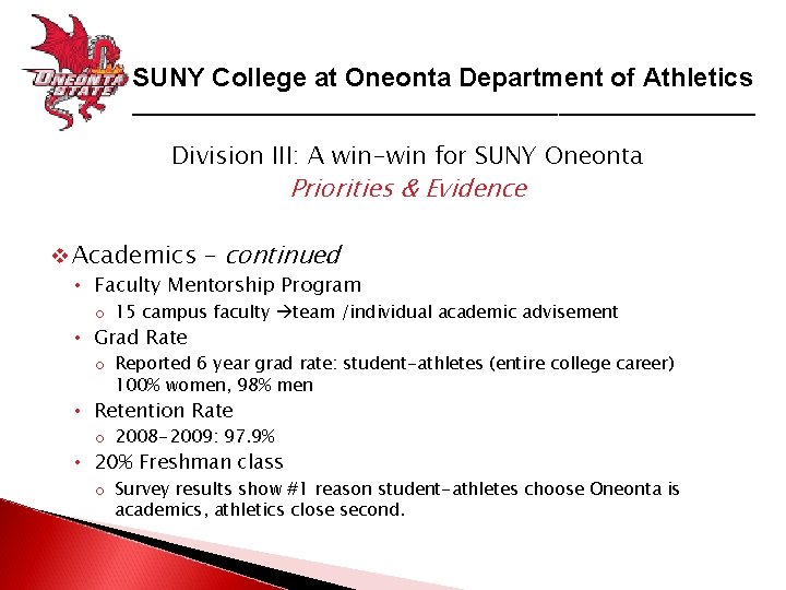 SUNY College at Oneonta Department of Athletics _____________________________ Division III: A win-win for SUNY