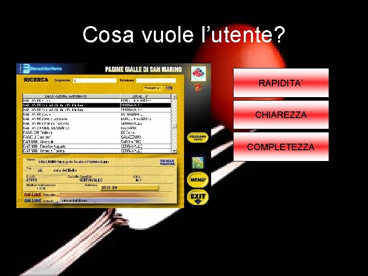 Cosa vuole l’utente? RAPIDITA’ CHIAREZZA COMPLETEZZA 