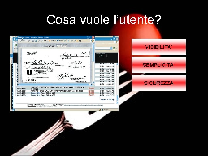 Cosa vuole l’utente? VISIBILITA’ SEMPLICITA’ SICUREZZA 