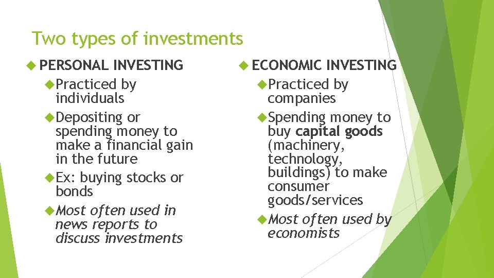 Two types of investments PERSONAL INVESTING Practiced by individuals Depositing or spending money to