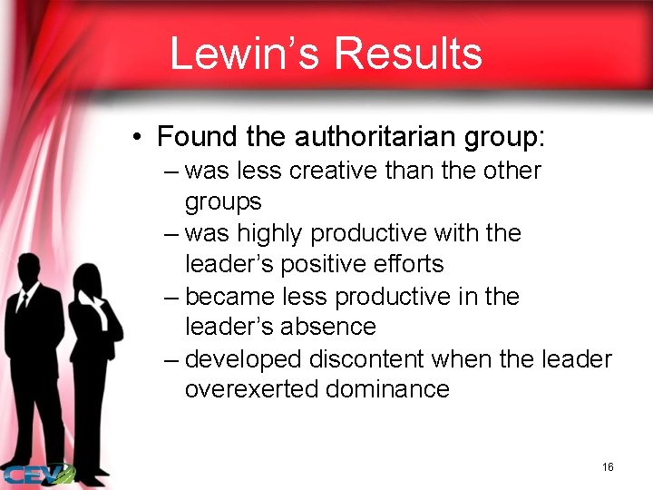 Lewin’s Results • Found the authoritarian group: – was less creative than the other