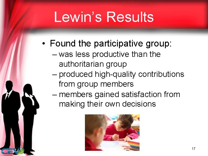Lewin’s Results • Found the participative group: – was less productive than the authoritarian