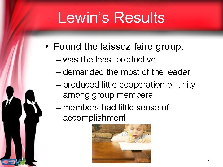 Lewin’s Results • Found the laissez faire group: – was the least productive –