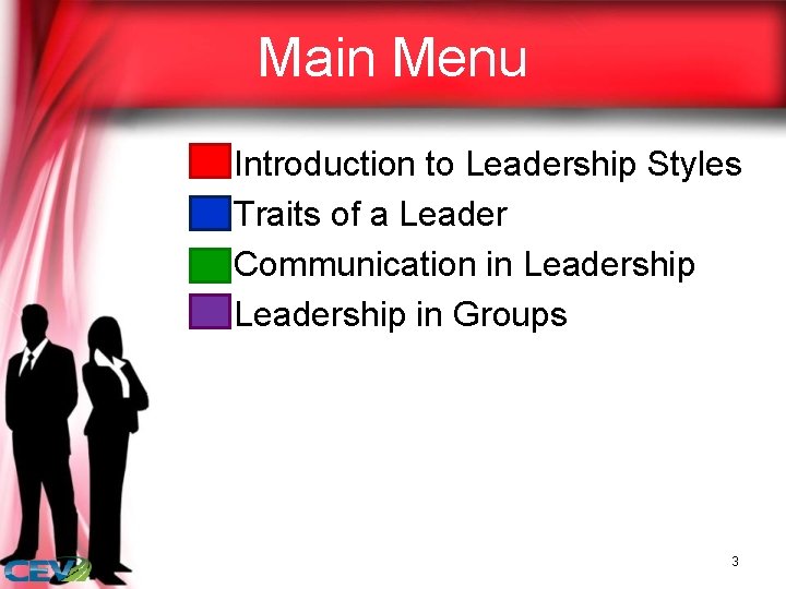 Main Menu • • Introduction to Leadership Styles Traits of a Leader Communication in