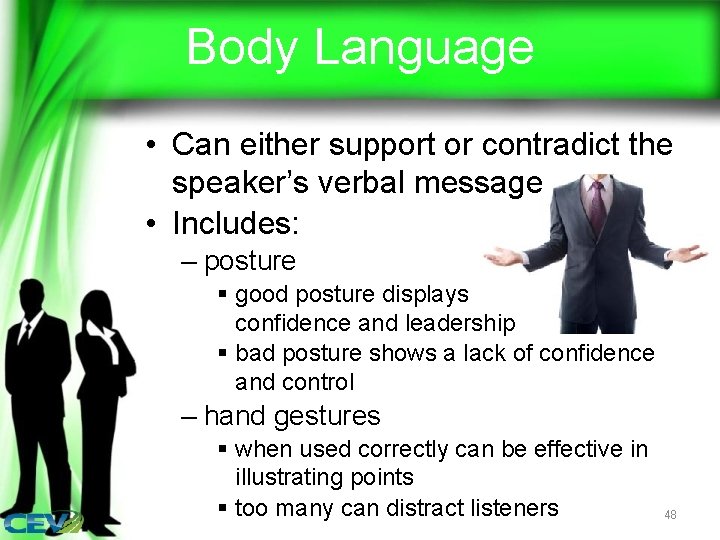 Body Language • Can either support or contradict the speaker’s verbal message • Includes: