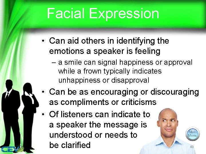 Facial Expression • Can aid others in identifying the emotions a speaker is feeling