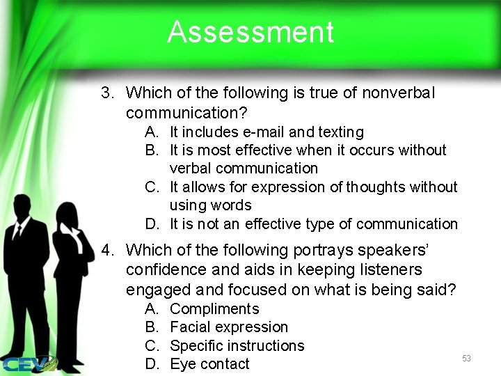 Assessment 3. Which of the following is true of nonverbal communication? A. It includes