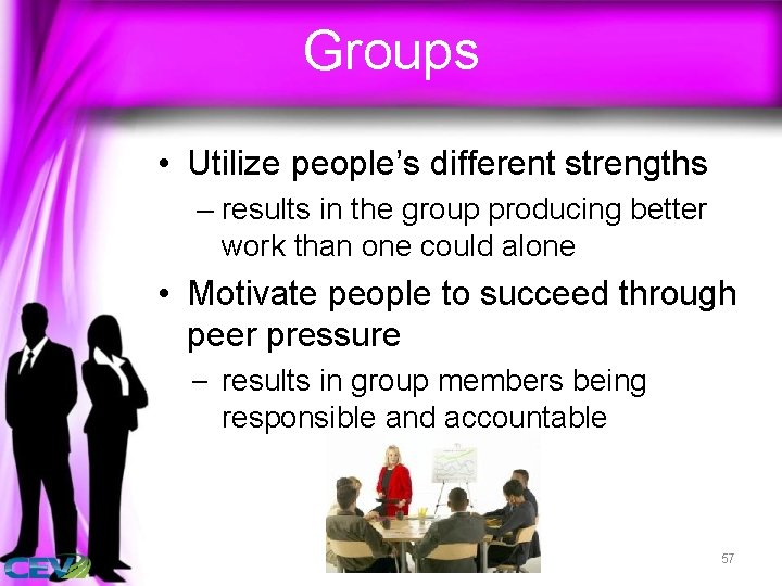 Groups • Utilize people’s different strengths – results in the group producing better work