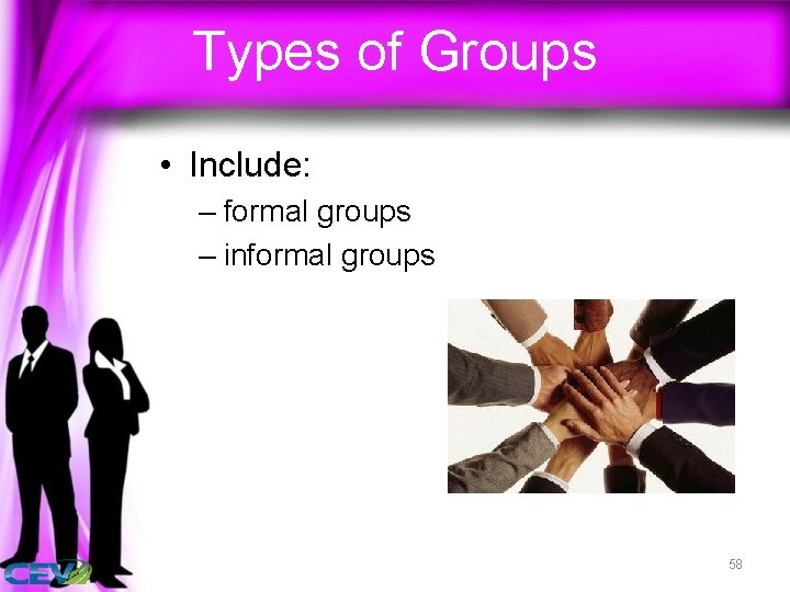 Types of Groups • Include: – formal groups – informal groups 58 