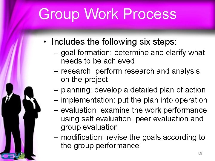 Group Work Process • Includes the following six steps: – goal formation: determine and