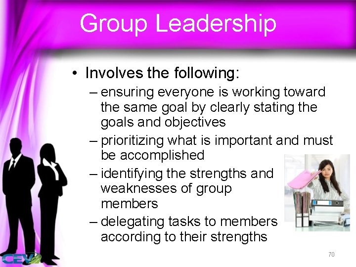Group Leadership • Involves the following: – ensuring everyone is working toward the same
