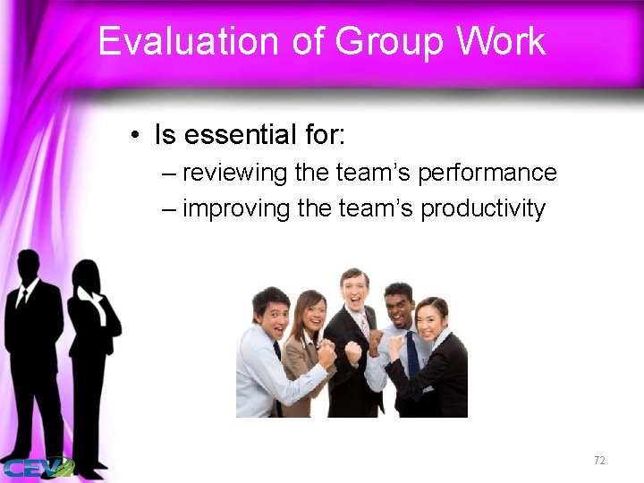 Evaluation of Group Work • Is essential for: – reviewing the team’s performance –