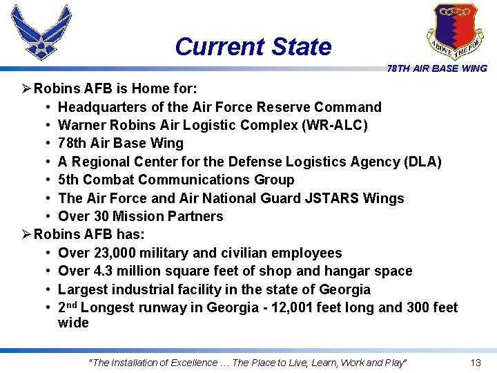 Current State 78 TH AIR BASE WING Ø Robins AFB is Home for: •