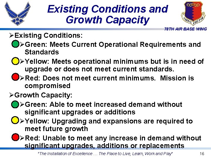 Existing Conditions and Growth Capacity 78 TH AIR BASE WING ØExisting Conditions: ØGreen: Meets