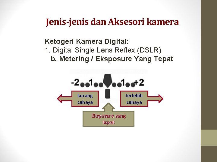Jenis-jenis dan Aksesori kamera Ketogeri Kamera Digital: 1. Digital Single Lens Reflex. (DSLR) b.