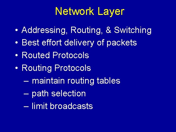 Network Layer • • Addressing, Routing, & Switching Best effort delivery of packets Routed