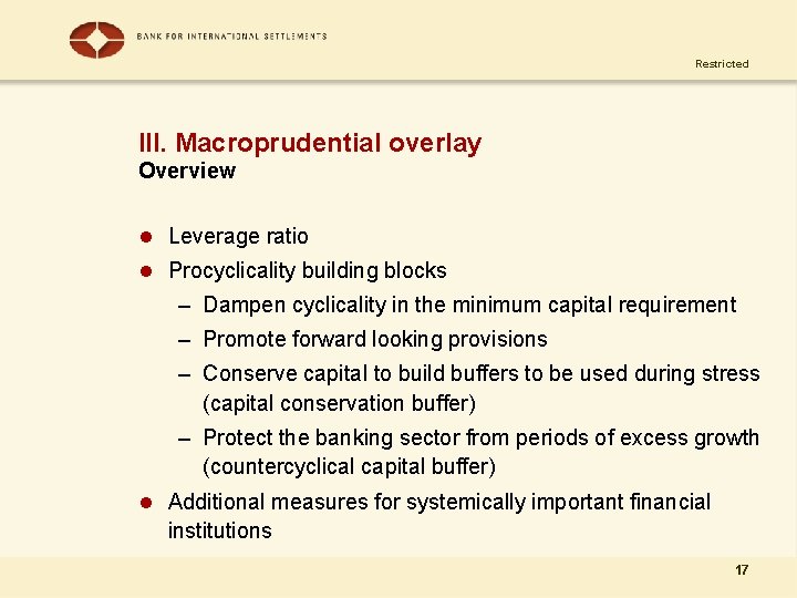 Restricted III. Macroprudential overlay Overview l Leverage ratio l Procyclicality building blocks – Dampen