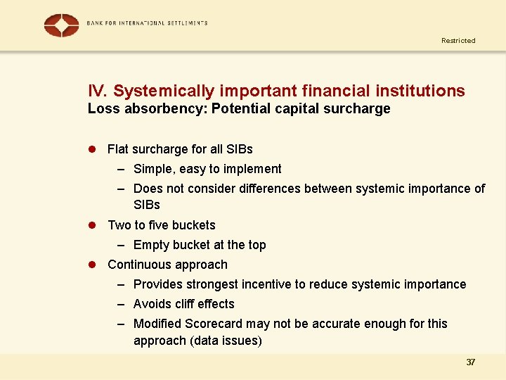 Restricted IV. Systemically important financial institutions Loss absorbency: Potential capital surcharge l Flat surcharge