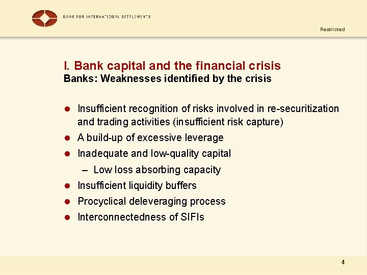 Restricted I. Bank capital and the financial crisis Banks: Weaknesses identified by the crisis