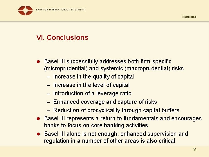 Restricted VI. Conclusions l Basel III successfully addresses both firm-specific (microprudential) and systemic (macroprudential)