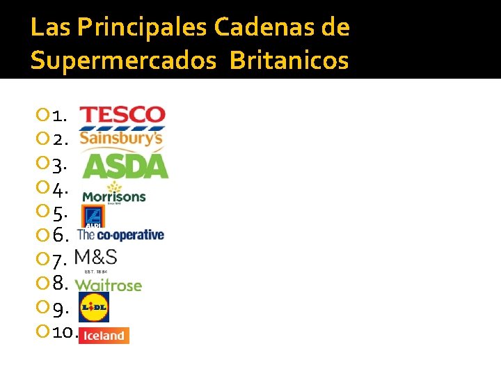Las Principales Cadenas de Supermercados Britanicos 1. 2. 3. 4. 5. 6. 7. 8.