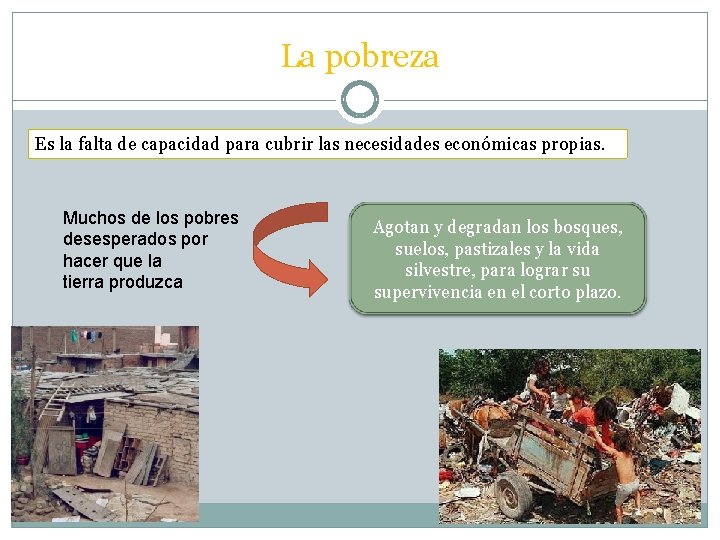 La pobreza Es la falta de capacidad para cubrir las necesidades económicas propias. Muchos