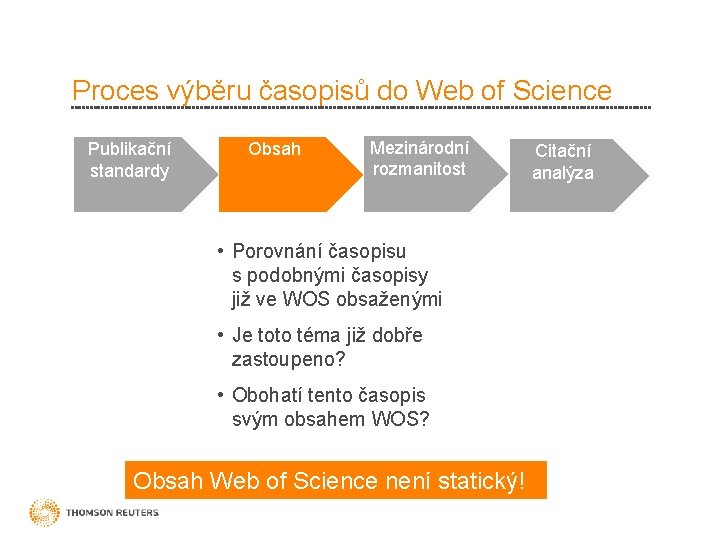 Proces výběru časopisů do Web of Science Publikační standardy Obsah Mezinárodní rozmanitost • Porovnání