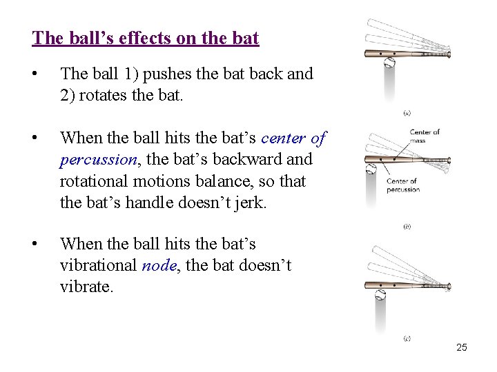 The ball’s effects on the bat • The ball 1) pushes the bat back