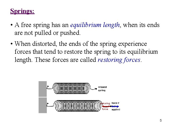 Springs: • A free spring has an equilibrium length, when its ends are not