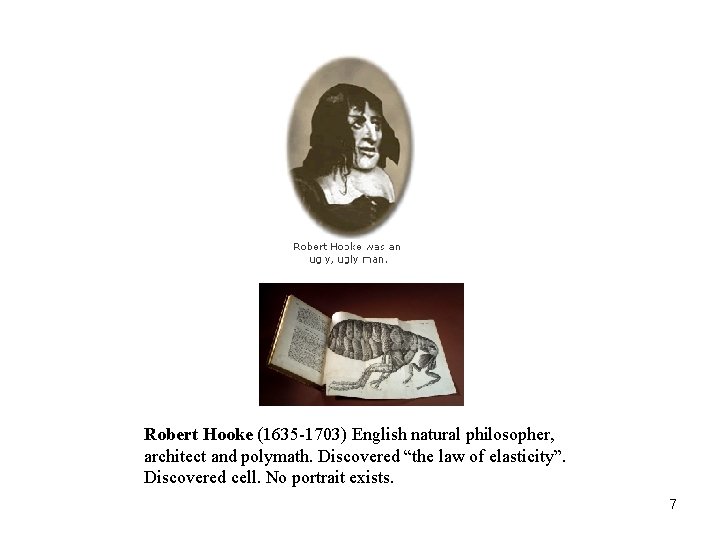 Robert Hooke (1635 -1703) English natural philosopher, architect and polymath. Discovered “the law of
