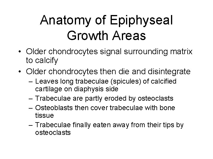 Anatomy of Epiphyseal Growth Areas • Older chondrocytes signal surrounding matrix to calcify •
