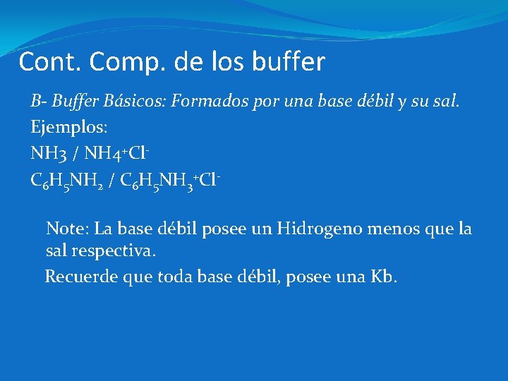 Cont. Comp. de los buffer B- Buffer Básicos: Formados por una base débil y