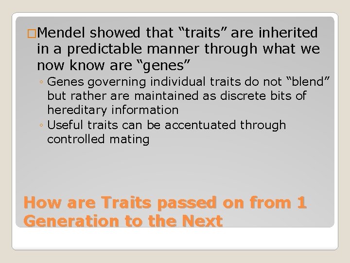 �Mendel showed that “traits” are inherited in a predictable manner through what we now