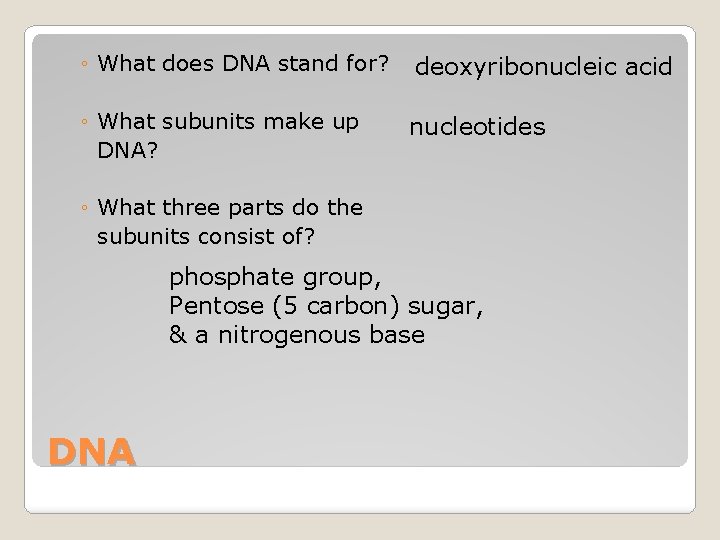 ◦ What does DNA stand for? deoxyribonucleic acid ◦ What subunits make up DNA?