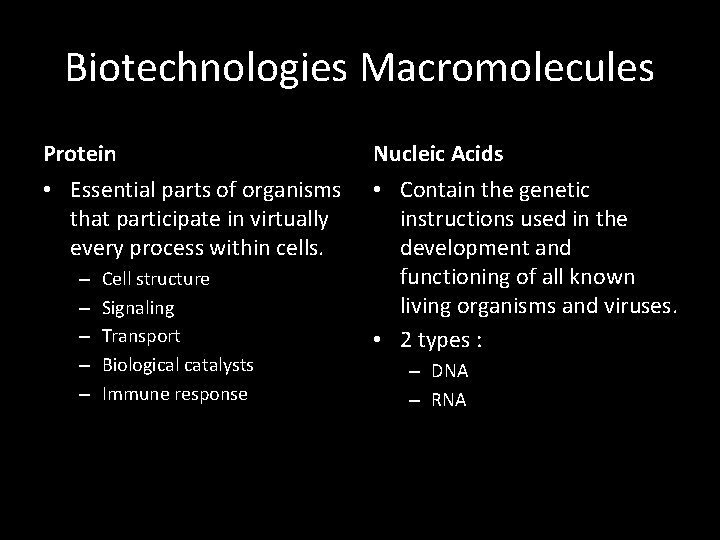 Biotechnologies Macromolecules Protein Nucleic Acids • Essential parts of organisms that participate in virtually