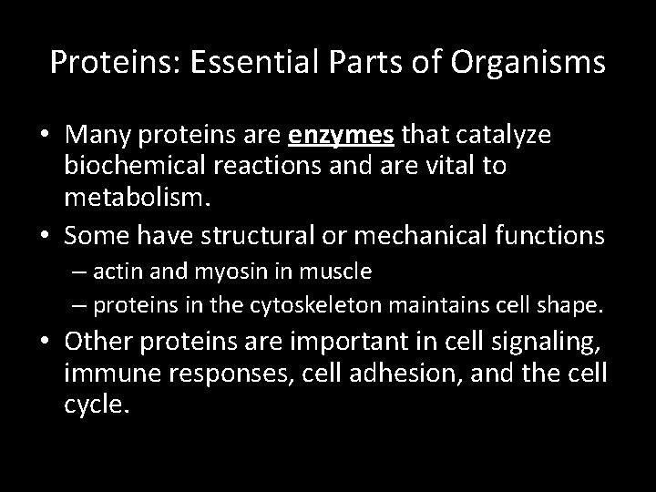 Proteins: Essential Parts of Organisms • Many proteins are enzymes that catalyze biochemical reactions