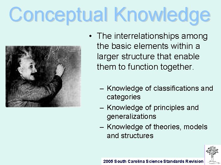 Conceptual Knowledge • The interrelationships among the basic elements within a larger structure that