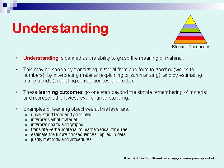 Understanding Bloom’s Taxonomy • Understanding is defined as the ability to grasp the meaning