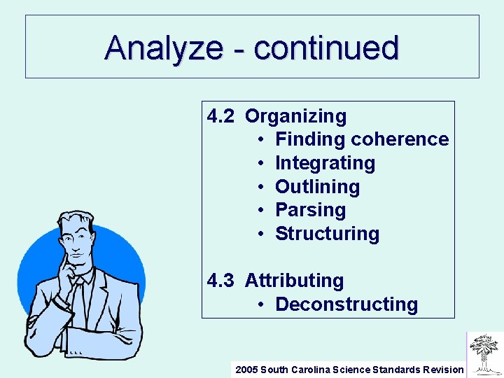 Analyze - continued 4. 2 Organizing • Finding coherence • Integrating • Outlining •