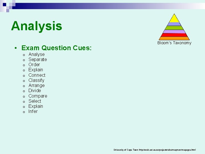 Analysis • Exam Question Cues: o o o Bloom’s Taxonomy Analyse Separate Order Explain