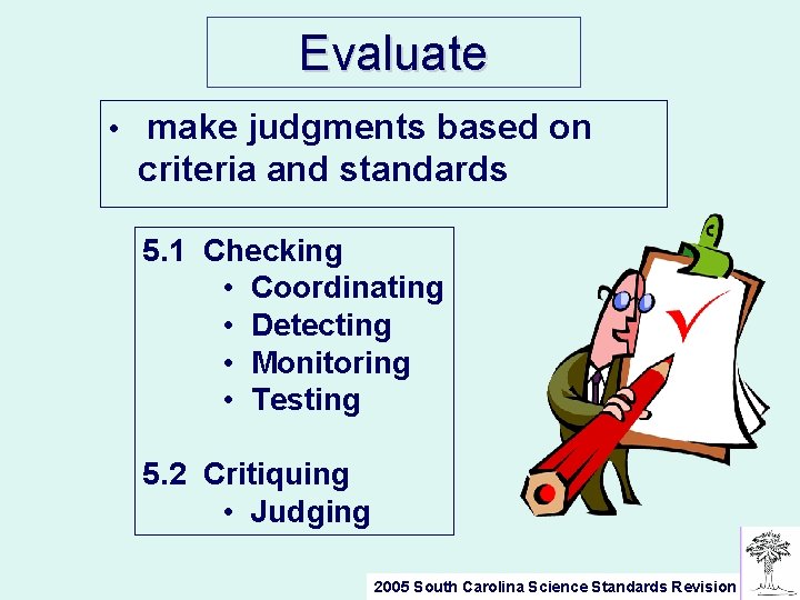 Evaluate • make judgments based on criteria and standards 5. 1 Checking • Coordinating