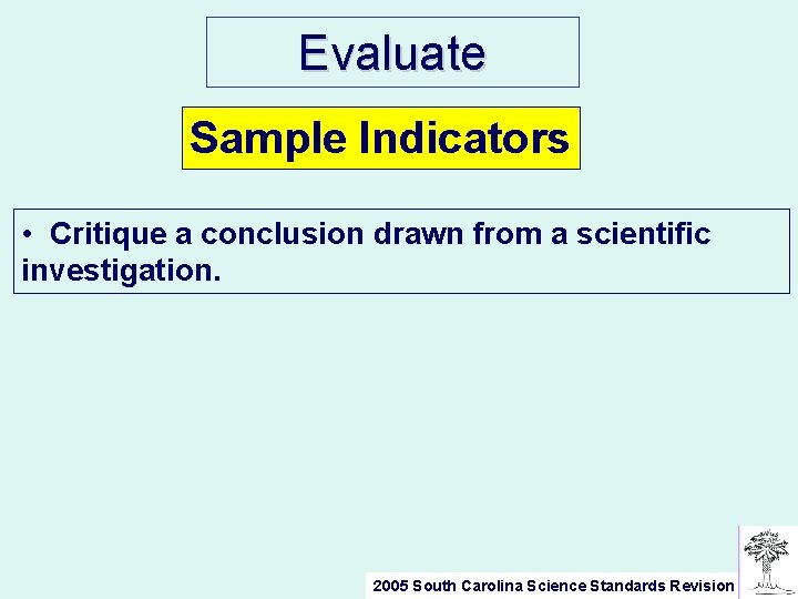 Evaluate Sample Indicators • Critique a conclusion drawn from a scientific investigation. 2005 South